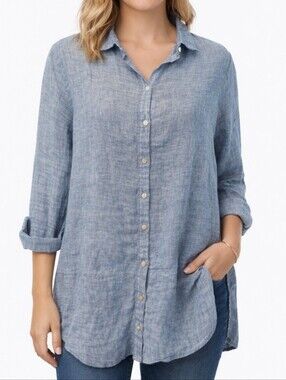 Tahari Blue Linen Button Up Shirt Small